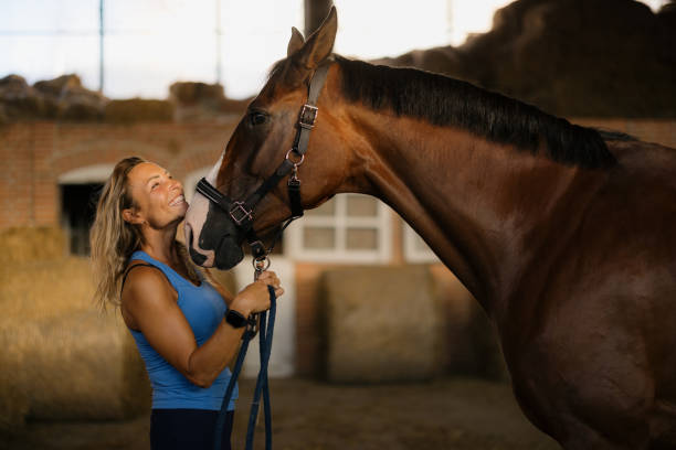 istock Happy woman spending time with her horse in a stable. 2181723706