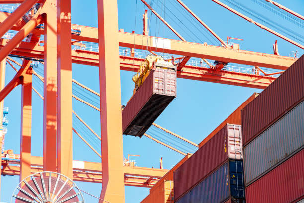 istock Crane lifting up container in a port. 2181723824