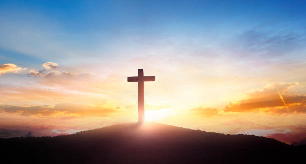 istock Cross silhouette on sunset background. Christian religion concept 2181724533