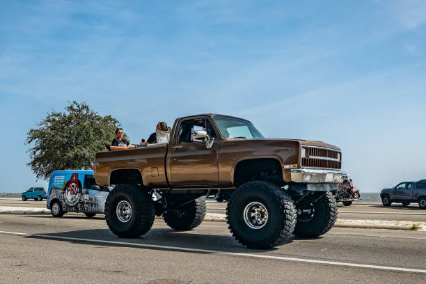 Gulfport, MS - October 04, 2023: Wide angle front corner view of a 1981 Chevrolet C10 Custom Deluxe Pickup Truck at a local car show.