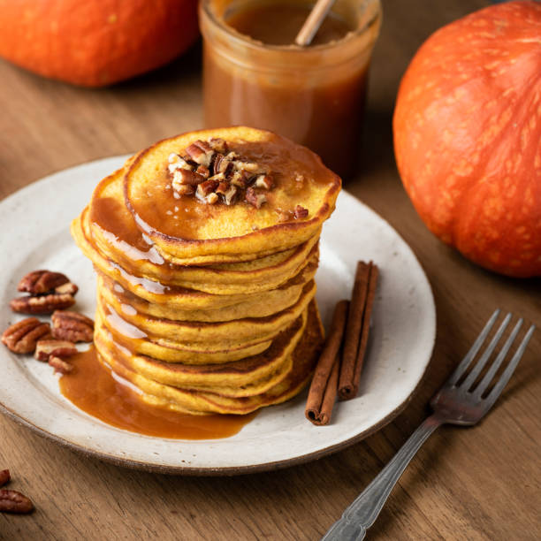 istock Breakfast pumpkin pancakes with caramel and pecan 2181727190