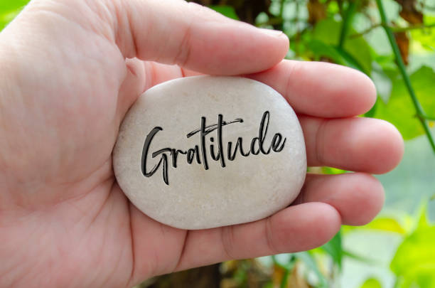 istock Hand holding white stone with Gratitude text engraved on the stone 2181729672