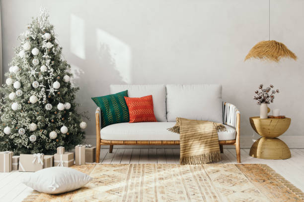 Bohemian Style Living Room Interior With Christmas Decor