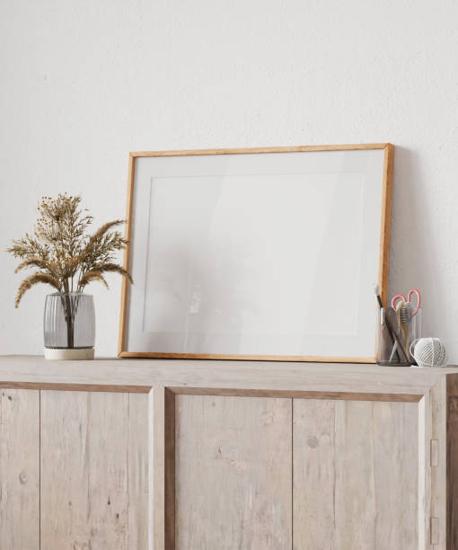 istock Frame interior, mockup frame, poster wood frame horizontal empty picture interior close up, work desk table room in illustration 3d render 2181740467