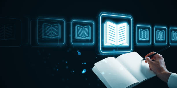 A person writing in a notebook with glowing neon book icons on a dark background, symbolizing online libraries and digital education