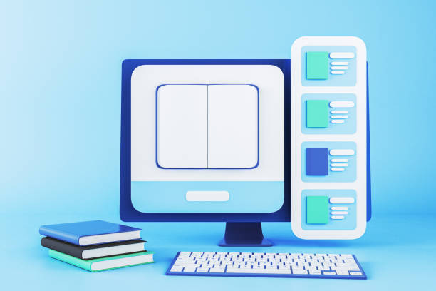 istock Online education concept with computer and books on blue background. 3D Rendering 2181745931