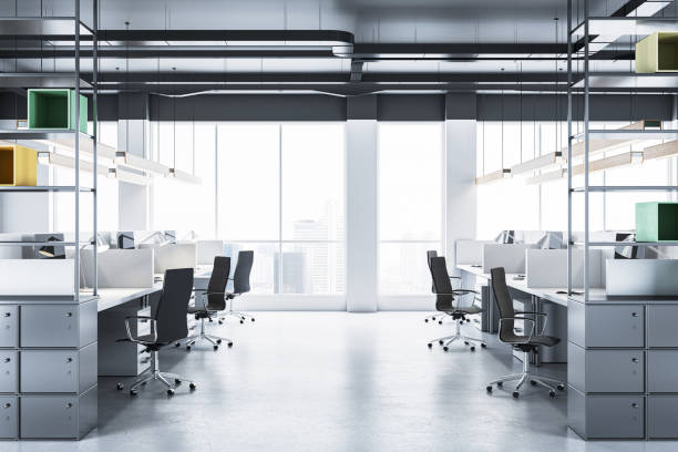 istock Modern office interior with city view and desks. 3D Rendering 2181745986