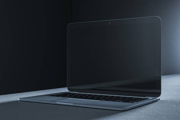 istock Laptop with blank screen mockup on dark background. 3D Rendering 2181745988