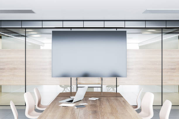 istock Modern conference room with large screen and wooden table. 3D Rendering 2181746044