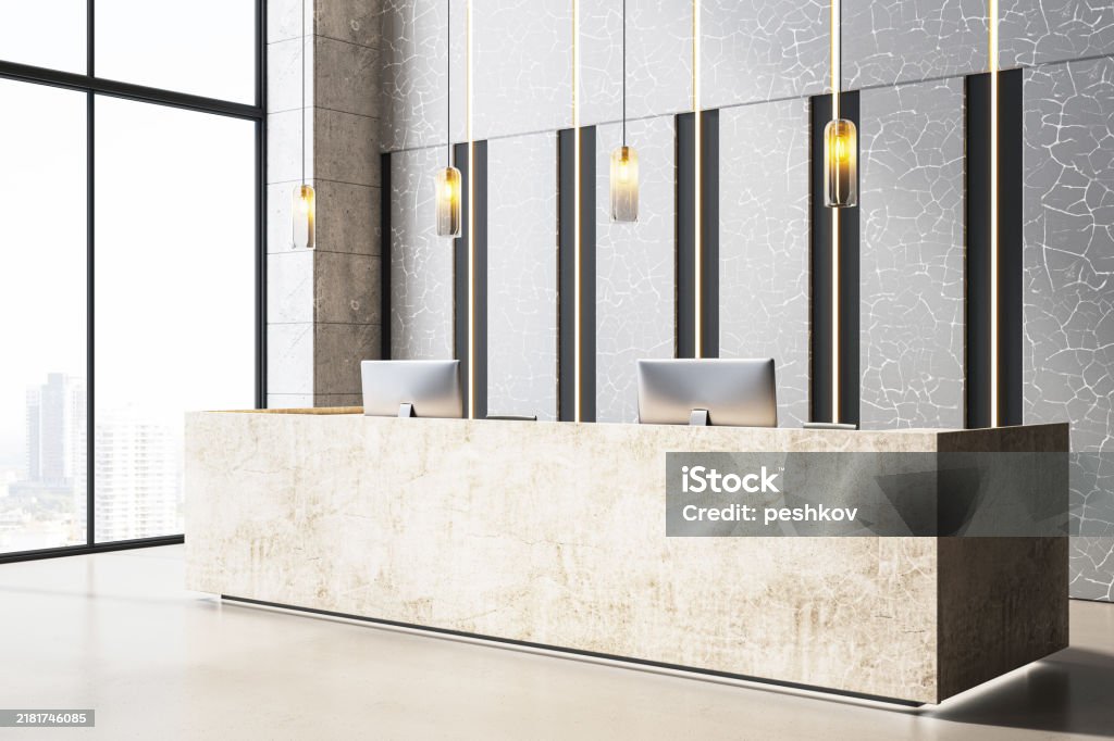 Counter With Computer Top View Modern Office Reception Counter With Computers And Pendant Lights 3d ...