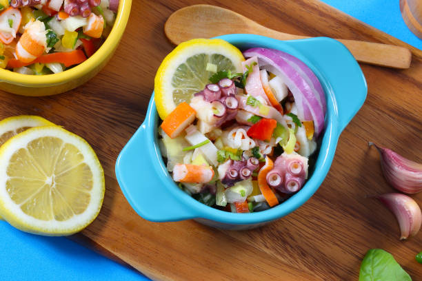 Peruvian seafood gourmet dish as an appetiser known as Ceviche or Seviche