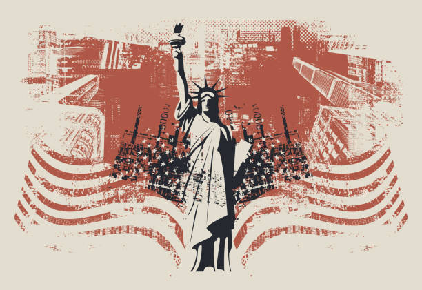 Vector banner or card with the famous American Statue of Liberty on the background of silhouettes New York skyscrapers and flag USA. Decorative illustration of US landmark in grunge style