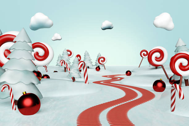 Fairy Christmas magical forest with fir trees, candy canes and lollipops. 3d render