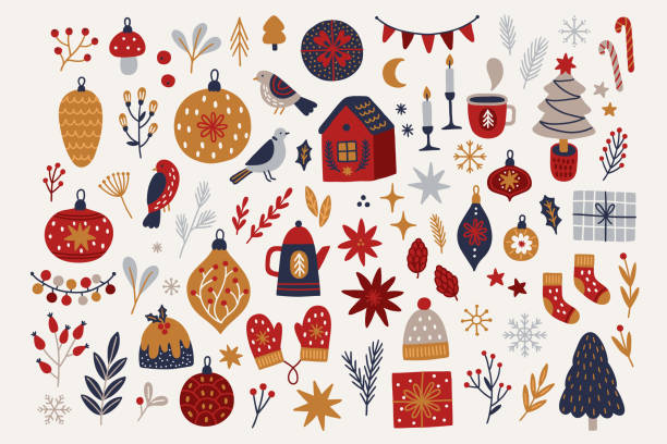 Christmas set - garland, house, fir tree, candles, cake, berries, mittens, hat, socks, candy cane, balls on white background. Perfect for winter greeting cards, decorations. Vector illustration