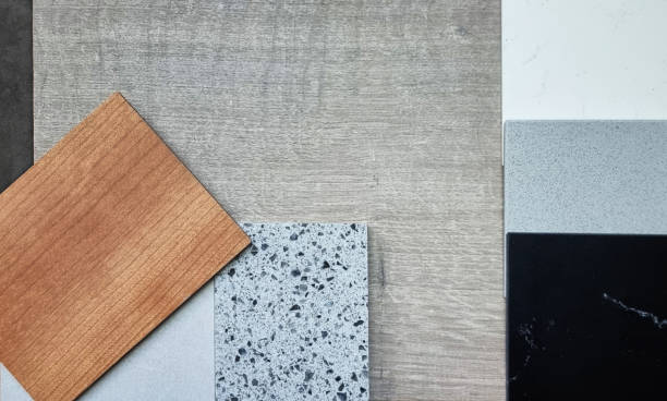 istock set of interior material samples in top view contains engineering wooden flooring tile, palette of artificial stones, terrazzo, oak wooden veneer in close up view. 2181754131