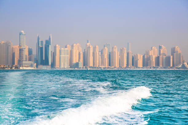 Dubai, UAE - 26 August, 2024: Dubai Marina skyscrapers Panoramic view from boat
