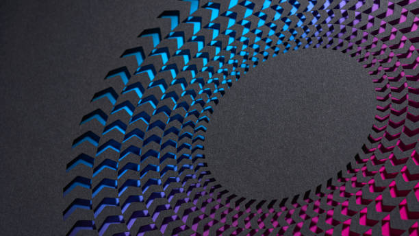 istock Circular Gradient Paper Cut Artwork with Arrow Pattern Shifting from Blue to Pink on Dark Background 2181764541