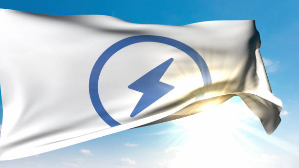 Electric car charging station flag waves majestically on sunny day. / You can see the animation movie of this image from my iStock video portfolio. Video number: 2181700952