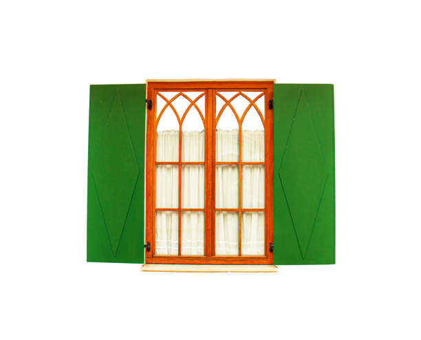 open window with green wooden shutters Rustic white lace curtains on white background