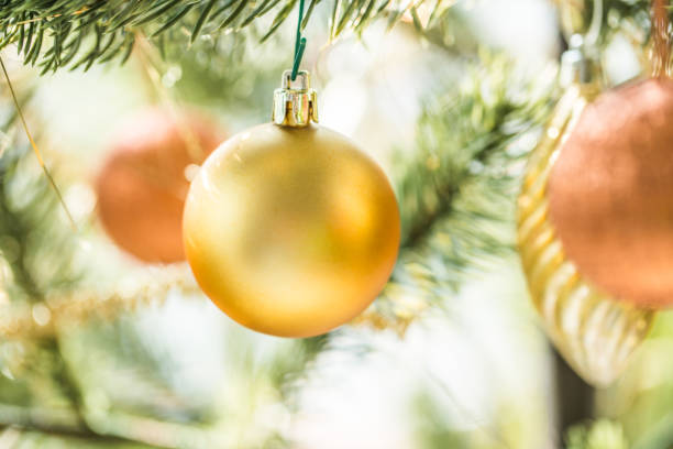 Goiânia, Goias, Brazil – December 17, 2022: A golden ball, hanging from the branch with details of the Christmas tree and lights in the background.