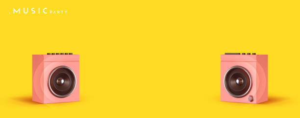istock Yellow banner poster with pink two small music speakers 3d design. vector illustration 2181780446