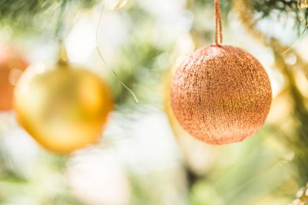Christmas tree decorations hanging on a branch with blurred background