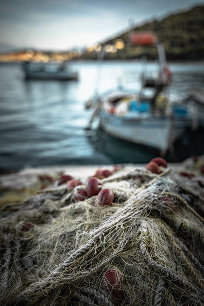 Commercial yellow and blue color fishing nets background.