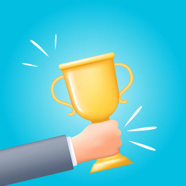 istock 3D Businessman Hand Holding A Gold Trophy On A Blue Background 2181781565