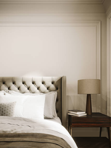 istock Bedroom with empty white mockup wall background. Modern interior design of bedroom. 2181786638