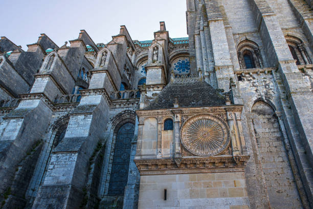 Detail of the exterior of Chartres cathedral in France, with its clock
