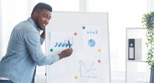 istock Confident african american guy presenting new business project in office 2181789670
