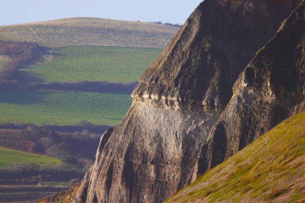A defining moment between soft green grass and the sharpness of a cliff rock face full of artifacts