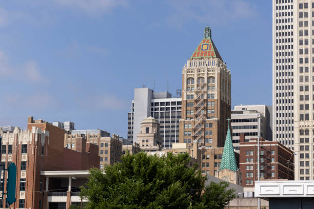 Tulsa, Oklahoma, USA - June 25, 2023: Afternoon sun shines on historic buildings of downtown Tulsa.