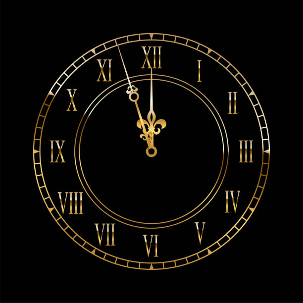 istock Gold clock face with midnight time. 3d golden watch on black background. Classic vintage luxury elegant roman numeral clock. Realistic vector illustration for new year or Christmas greeting card 2181815311