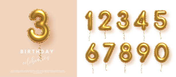 istock Birthday anniversary golden numbers set template with number 3. Celebration birthday vector background. Gold numbers in form of balloons on beige for party invitation, greeting card, poster, event 2181815347
