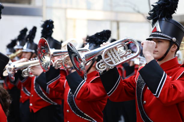 Laredo, Texas, USA - February 19, 2022: The Anheuser-Busch Washingtons Birthday Parade, The J.W. Nixon High School Marching Band performing at the parade