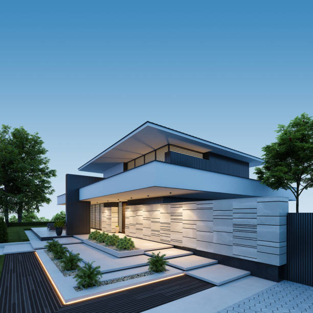 istock Contemporary Villa with Stunning Stone Facade and Front Yard at Sunset 2181829403