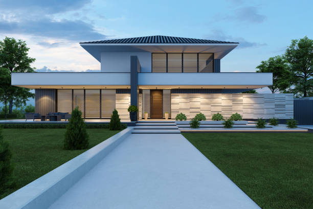 istock Contemporary Villa with Stunning Stone Facade and Front Yard at Sunset 2181829421