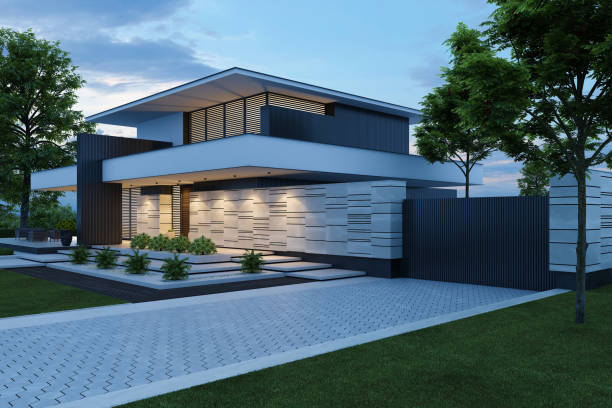 istock Contemporary Villa with Stunning Stone Facade and Front Yard at Sunset 2181829636