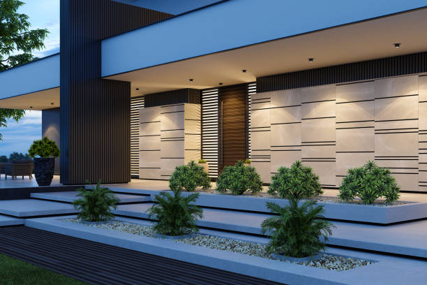 istock Contemporary Villa with Stunning Stone Facade and Front Yard at Sunset 2181829663