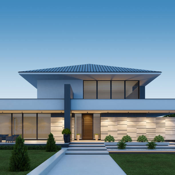 istock Contemporary Villa with Stunning Stone Facade and Front Yard at Sunset 2181829690