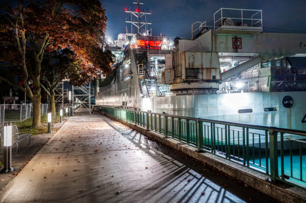 The HMCS Harry DeWolf is shown moored in Windsor, Ontario.  The naval vessel's main purpose is to patrol and protect the Canadian Arctic region although it is currently on patrol in the Great Lakes region (as at October 29, 2024).