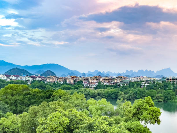 Aerial view of rice fields scenery karst landscape of Guilin, China