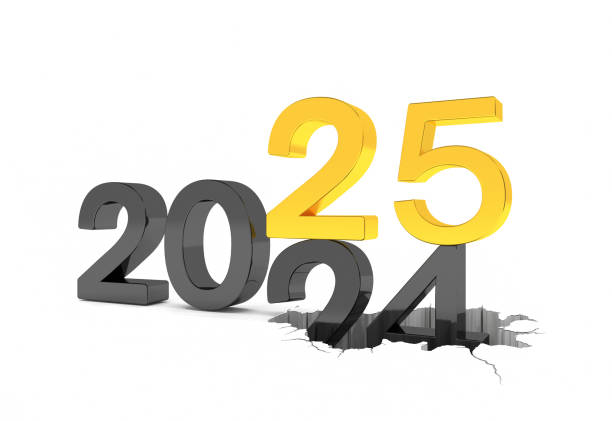 istock 3d render of the numbers 2025 and 24 in black and gold over white background. 2181848396