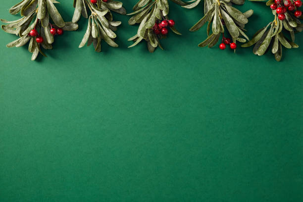 istock Holly branches with red berries on dark green background. Merry Christmas concept 2181854328