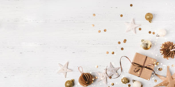 istock Festive Christmas background with gift box and Christmas decorations 2181855451