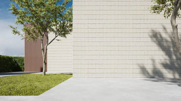 istock Modern building exterior, architecture with large brick wall. concrete floor, 3d rendering 2181857434