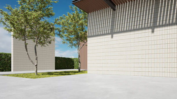 istock Modern building exterior, architecture with large brick wall. concrete floor, 3d rendering 2181857441