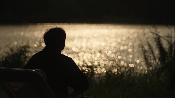 man meditating on bench in silhouette against blue hour sky and lake in front, calm, tranquil in denmark, nordic nature