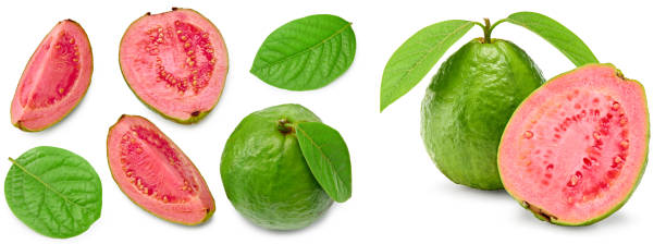 istock guava with slice and green leaves isolated on white background. clipping path 2181863578